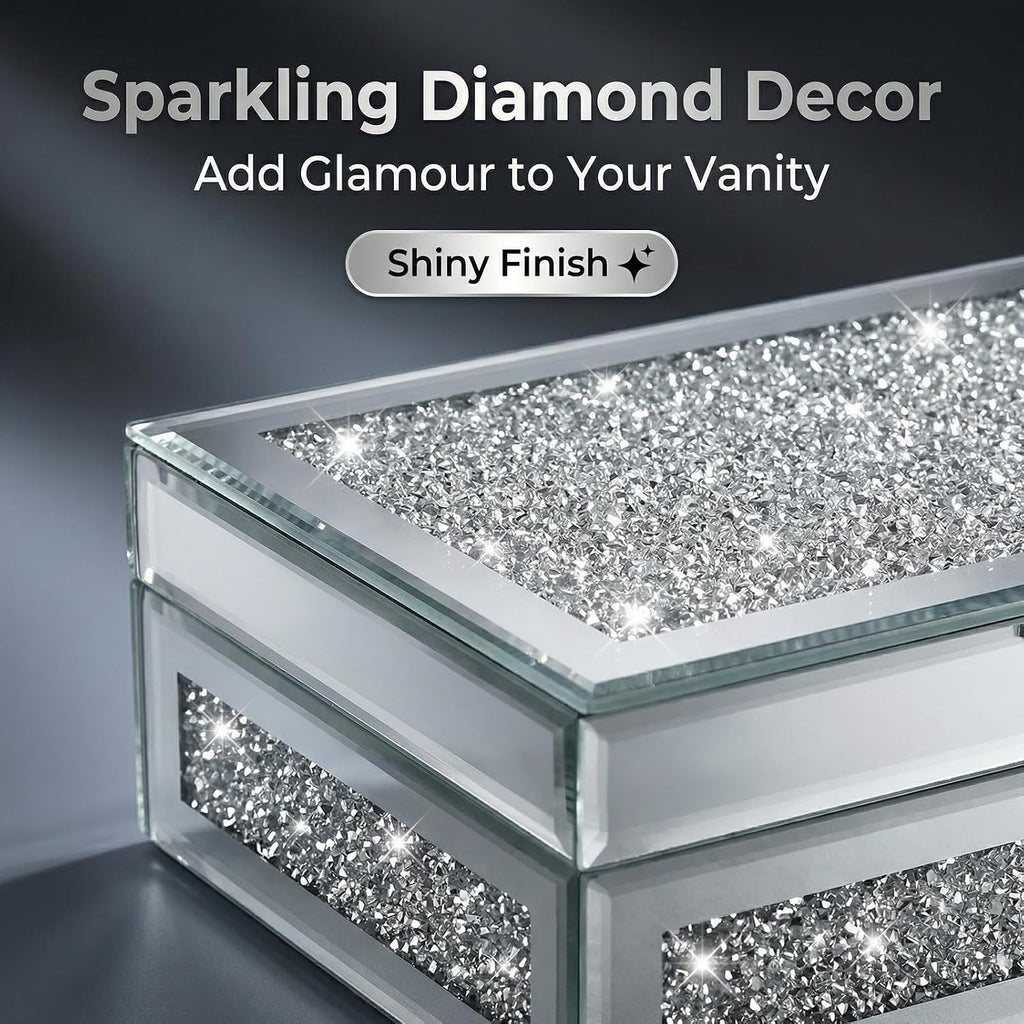 Mirrored Jewelry Box with Lid, Crushed Diamond Bling Jewelry Organizer for Women Girls, Ring Necklace Bracelet Storage Box, Gift Idea