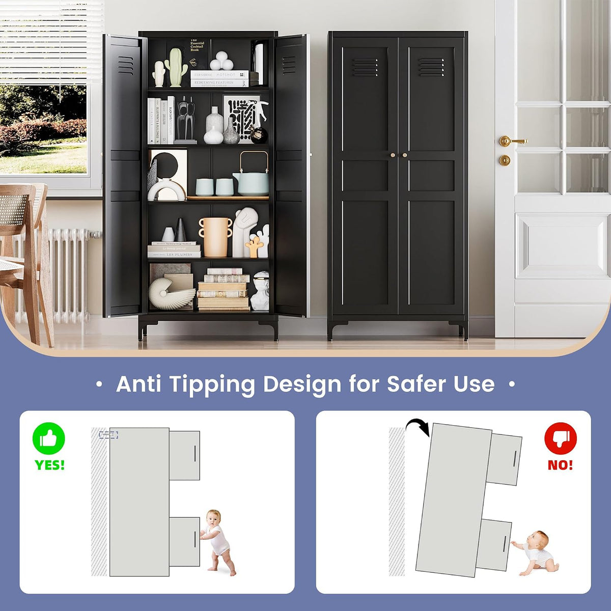Black Kitchen Pantry Storage Cabinet,Pantry Cabinets with Doors and Adjustable Shelves,Metal Cabinet with Feets for Kitchen,Pantry,Dinning Room,Bathroom,Living Room,Cupboard(Black)