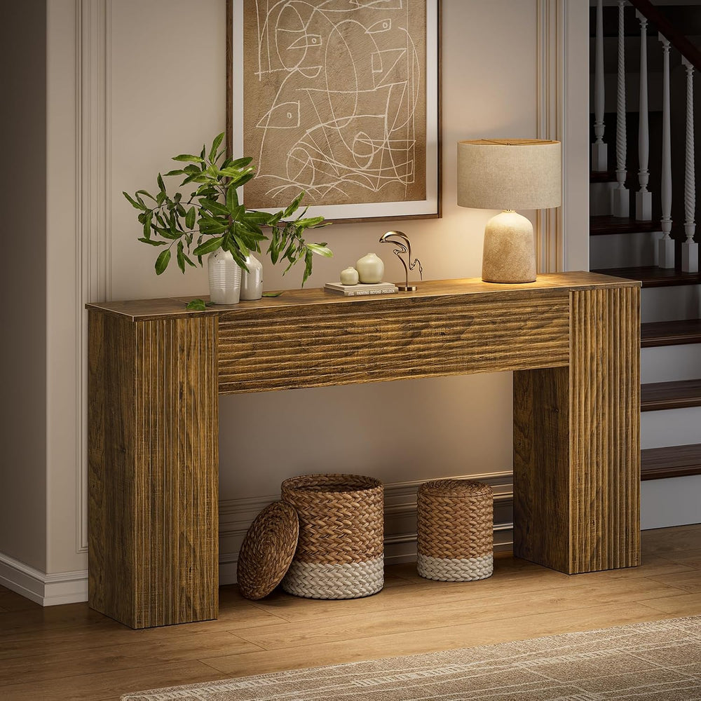 FABATO 61” Fluted Long Console Table with 2 Hidden Storage Cabinets, Brown