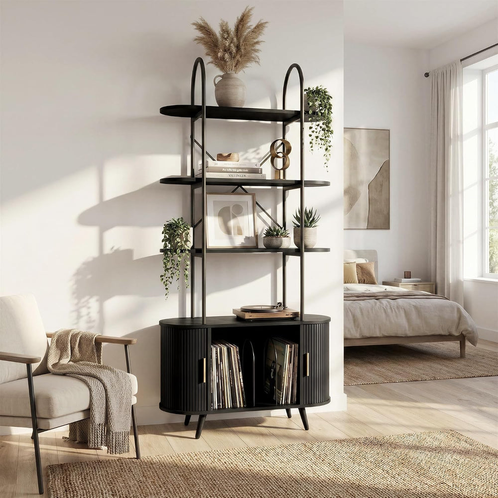 Tall Vinyl Record Player Stand with Sliding Doors, 4 Tier Shelf, Black