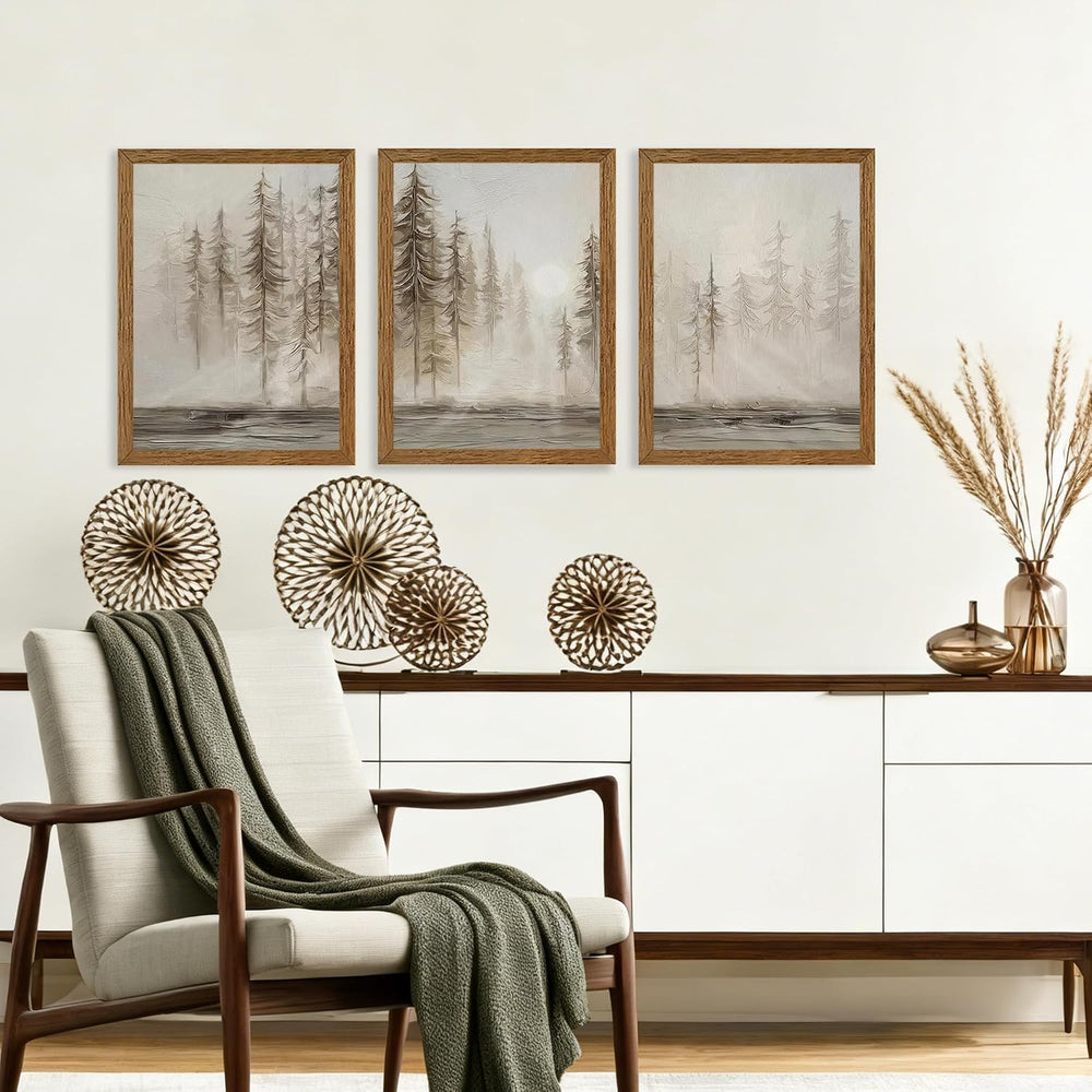 Urmoya Triptych Neutral Misty Forest Framed Canvas Wall Art, 12x16 inch x3