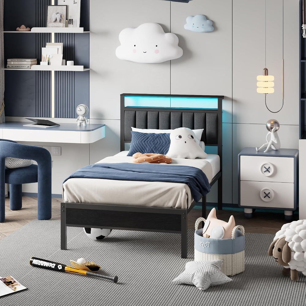 Furnulem Twin Size Bed Frame with Charging Station and LED Lights