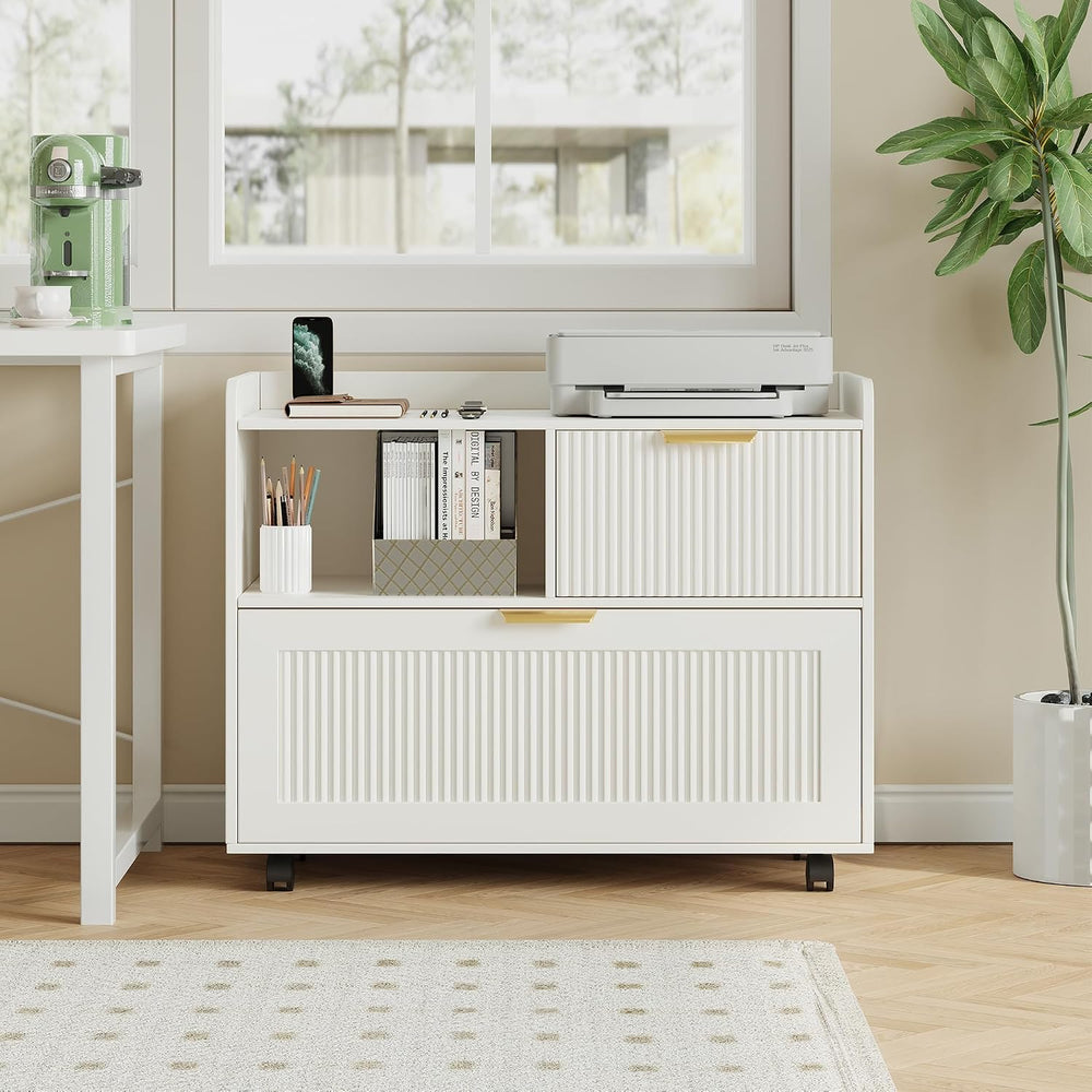 Lateral File Cabinet with Fluted Drawers, White Wooden Office Cabinet with St...