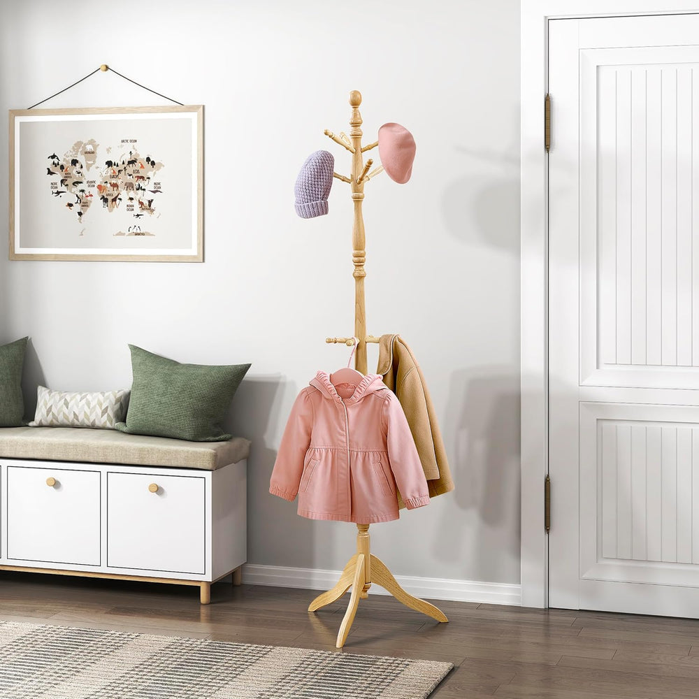 Lexicon Wooden Coat Rack Stand, 3-Tier, 10 Hanging Hooks, Natural