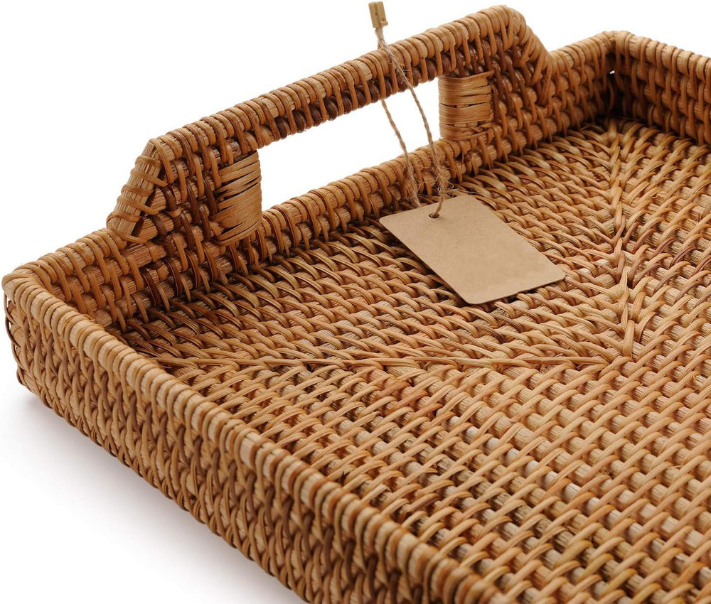 Hand-Woven Rattan Rectangular Serving Tray with Handles for Breakfast, Drinks...