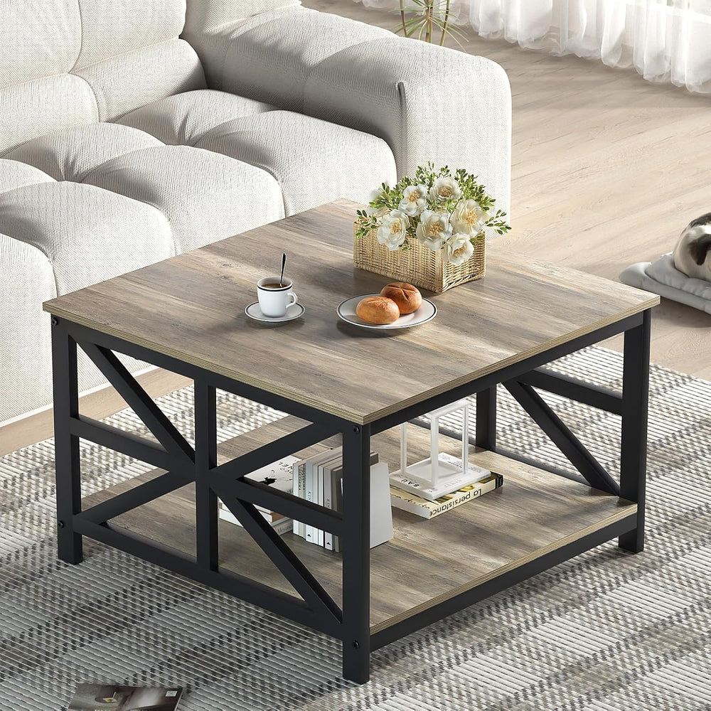 GreenForest 27.55 Inch Square Coffee Table with 2 Tier Storage