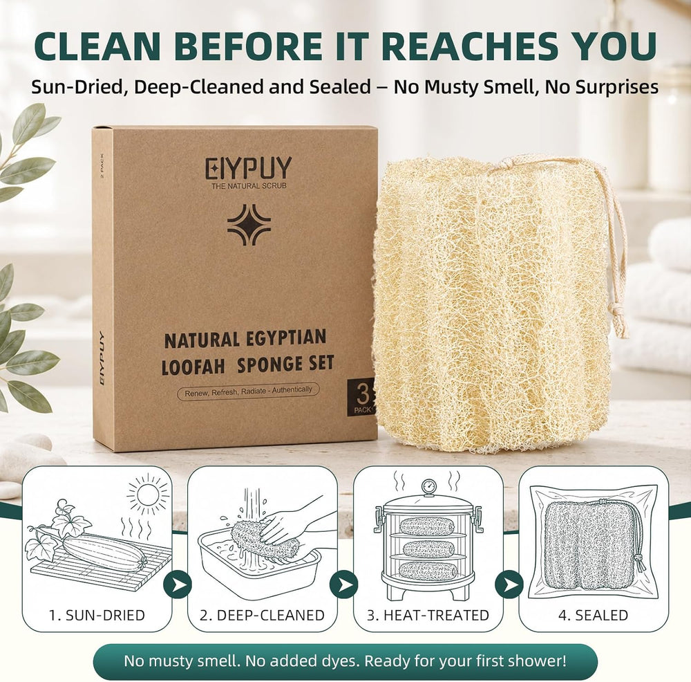 Natural Egyptian Loofah Sponge, Exfoliating Body Scrubber, 3 Pack
