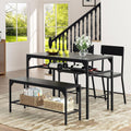 Shintenchi Kitchen Table Chairs Set of 4, Dining Table Set for 4 with Bench and Chairs, 4 Pieces Kitchen Table Set with Storage Rack & Metal Frame for Small Space, Solid Black