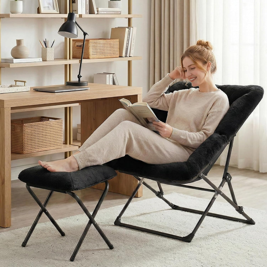 oakham saucer chair for adults, foldable comfy chair shown in use