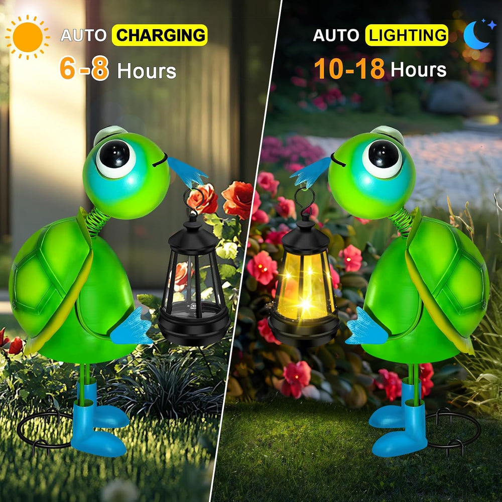 Solar Garden Lights 13.78in Metal Turtle Statue with Solar Lantern Lights