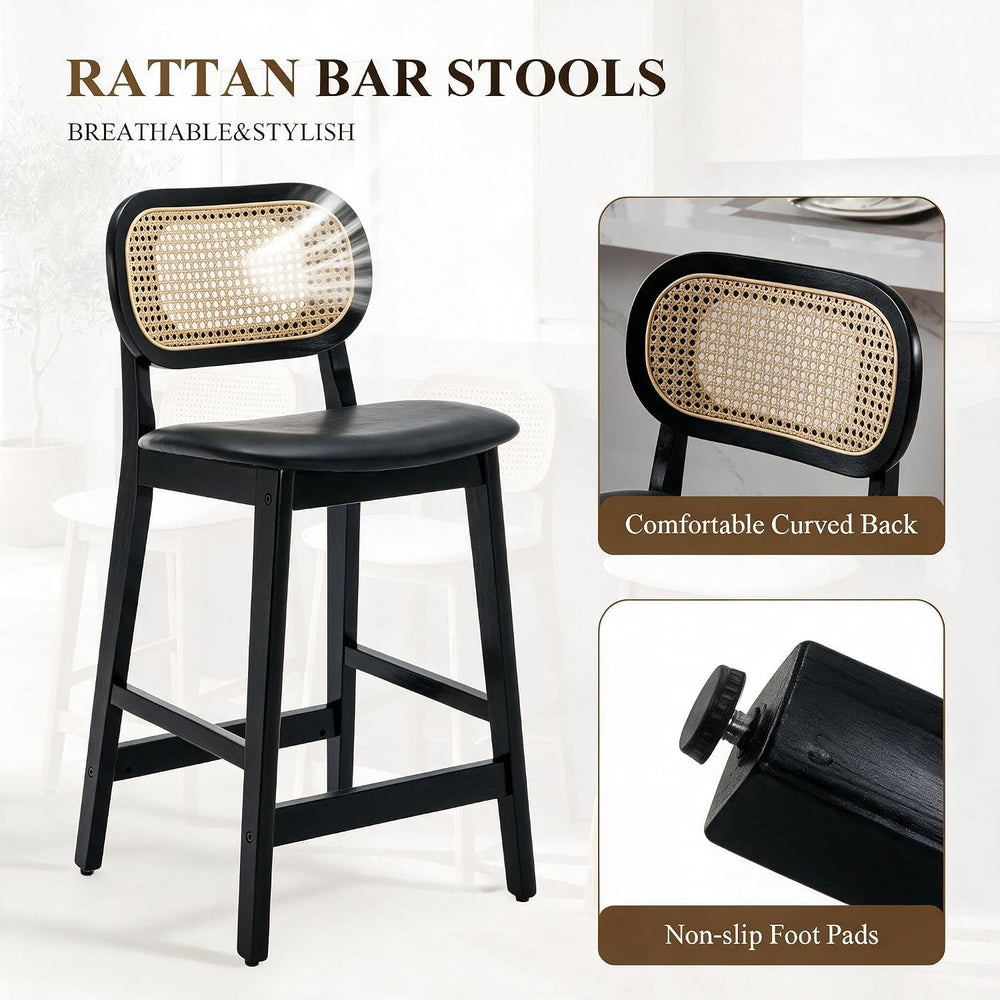 Shunzhi Rattan Counter Height Bar Stools Set of 4, Wood Farmhouse Barstools w...