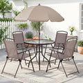 TLSUNNY 6 Pieces Glass Table and Folding Textilene Chairs with 65″ Umbrella
