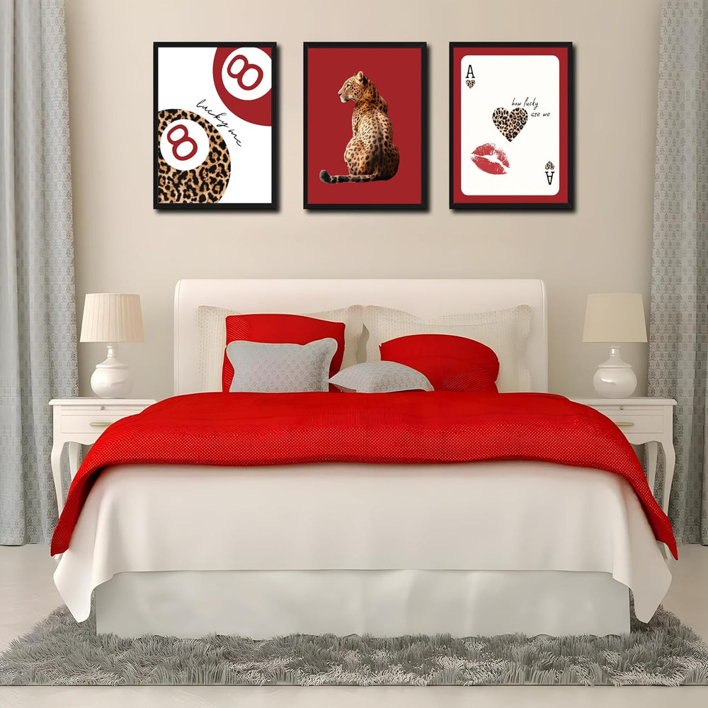 Framed Trendy Leopard Wall Art Set of 3, Red Funky Preppy Cheetah Wall Decor ...