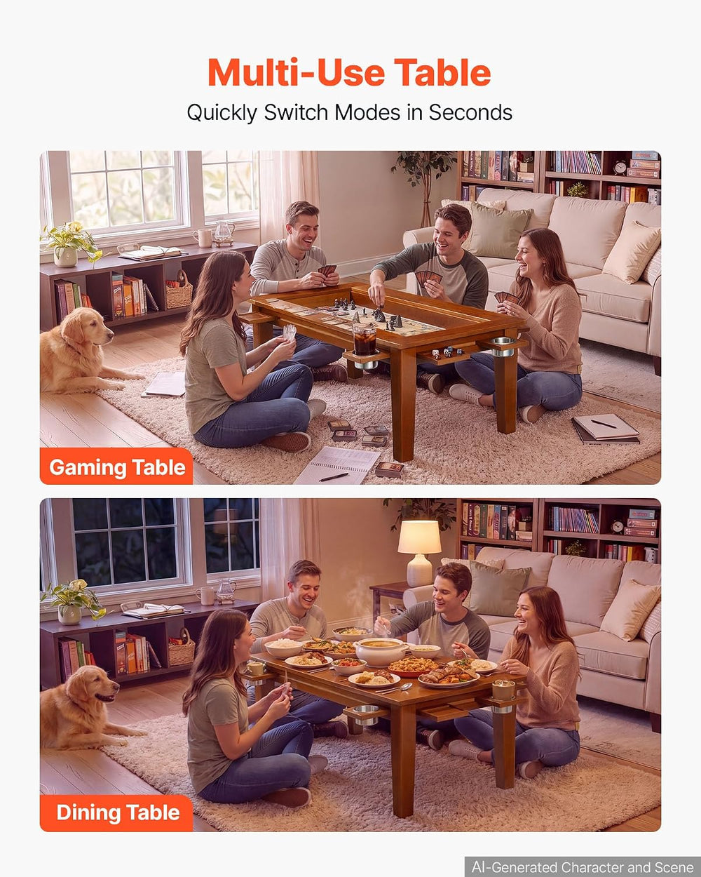 VEVOR Board Game Table 2-in-1 Gaming and Dining Table 47.2 x 23.6 x 17.7 in
