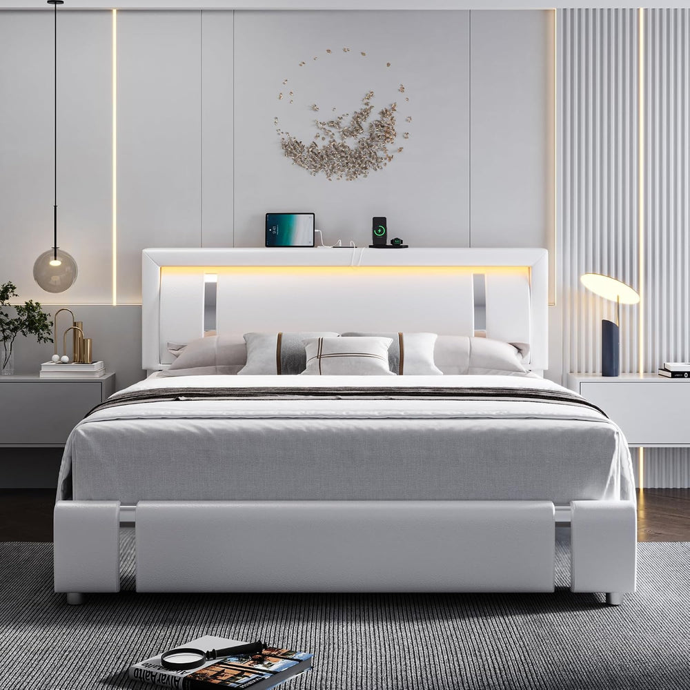 Keyluv Queen Bed Frame with RGB LED Lights Headboard & 2 Storage Drawers,...