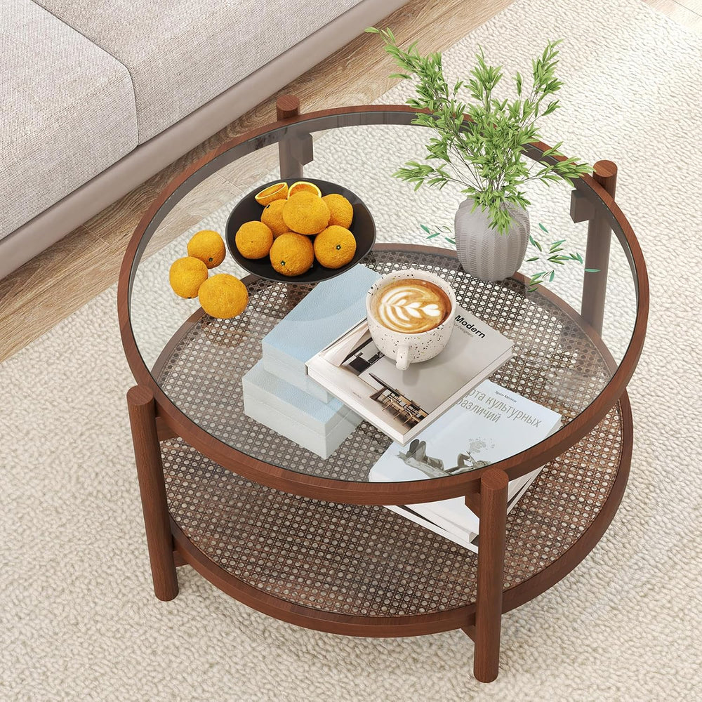 GOFLAME Rattan Coffee Table, Boho Glass Center Table with Solid Wood Frame, T...