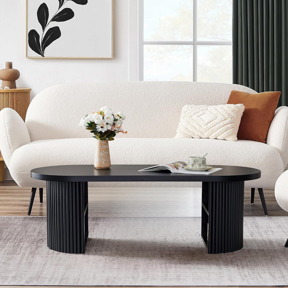 Oval Fluted Coffee Table, 47" Farmhouse Wood Coffee Table Mid Century Mo...