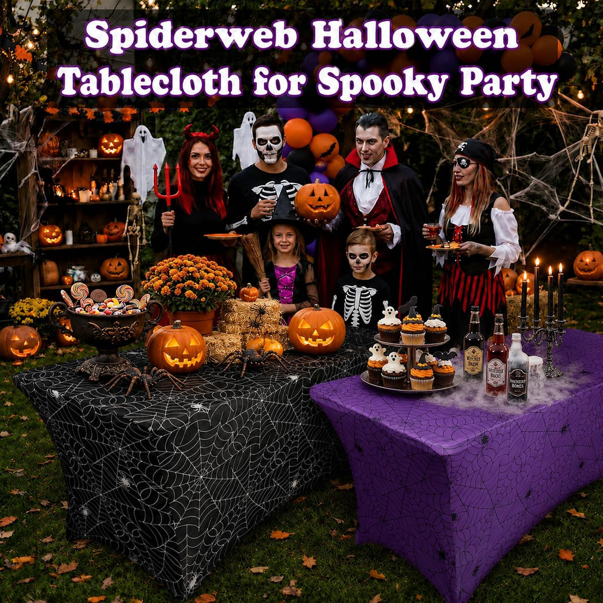 Lawnldyll 2Pcs Halloween Tablecloth 6 FT Spiderweb Spandex Table Cover