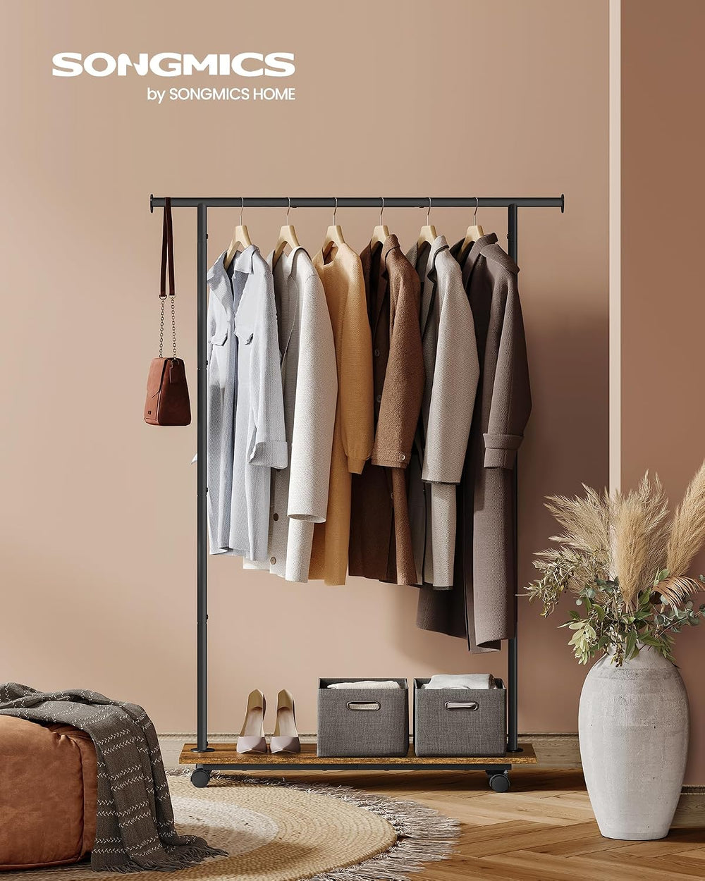 SONGMICS Clothes Rack with Wheels, Metal Garment Rack with Shelf