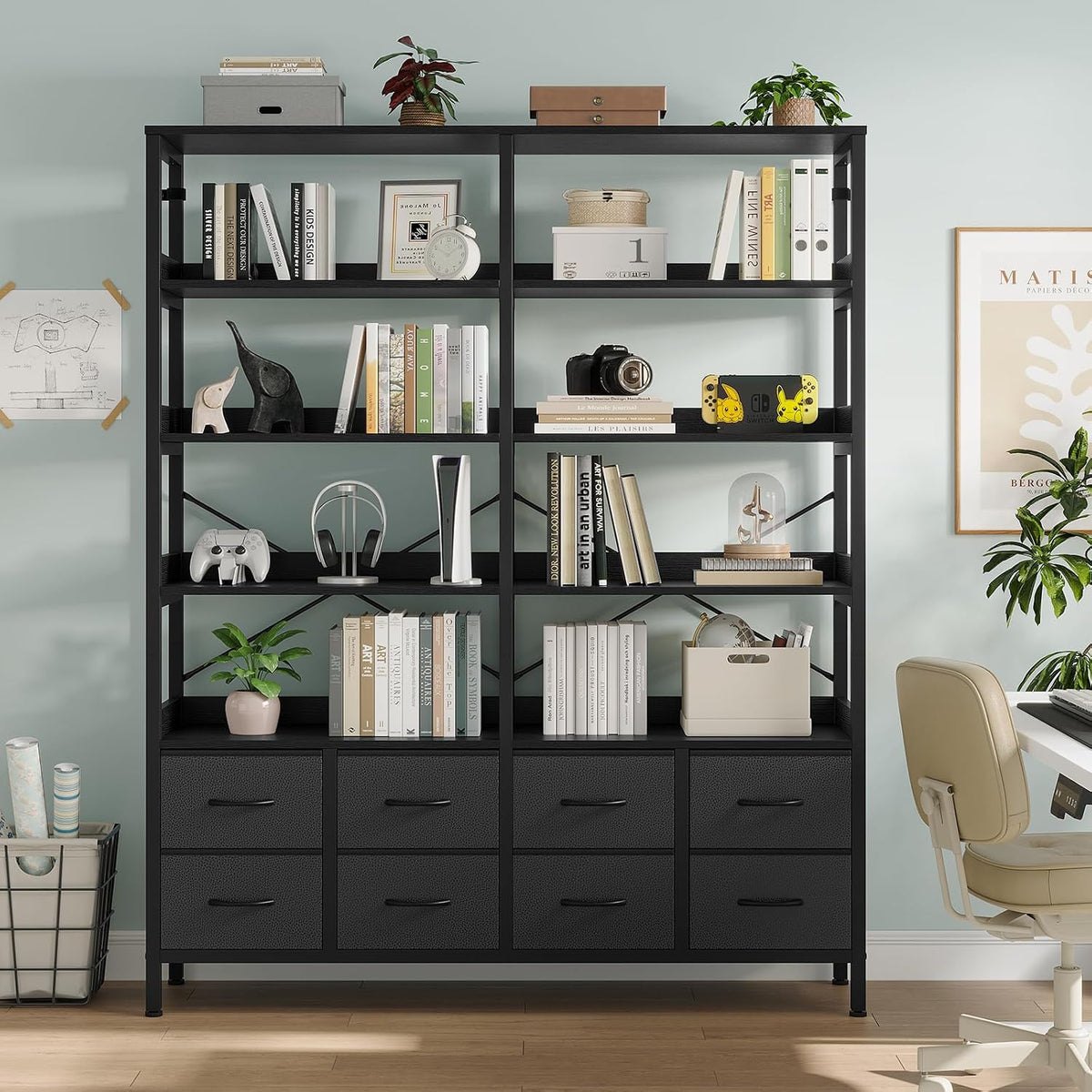 HAUOMS Bookshelf with 8 Fabric Drawers,Baffles Shelves, 7-Tier, Black