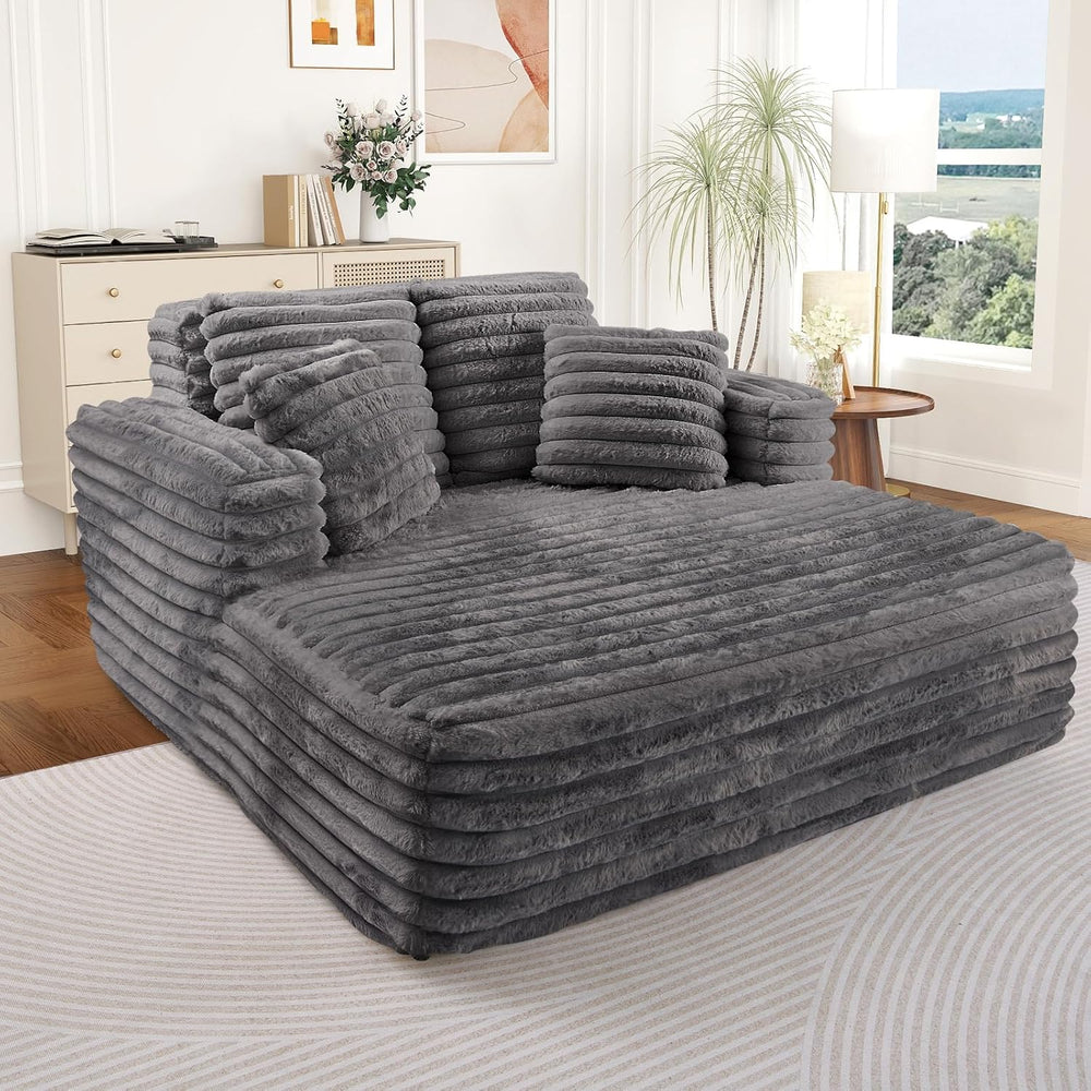 Oversized Chaise Lounge Indoor, Modern Plush Faux Fur Fabric Deep Seat Bonele...