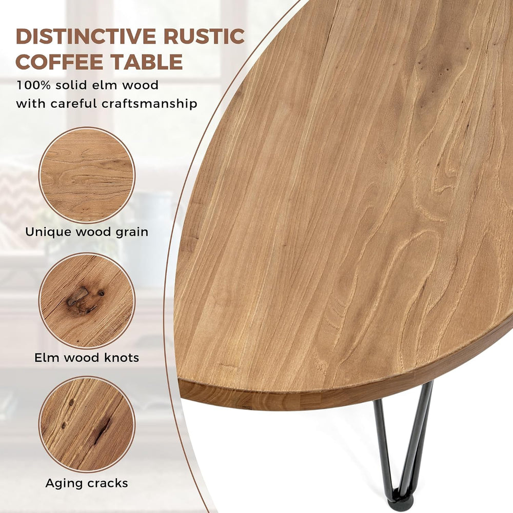 FLYJOE Rustic Wood Round Coffee Table with Metal Legs, Solid Elm Wood Top and...