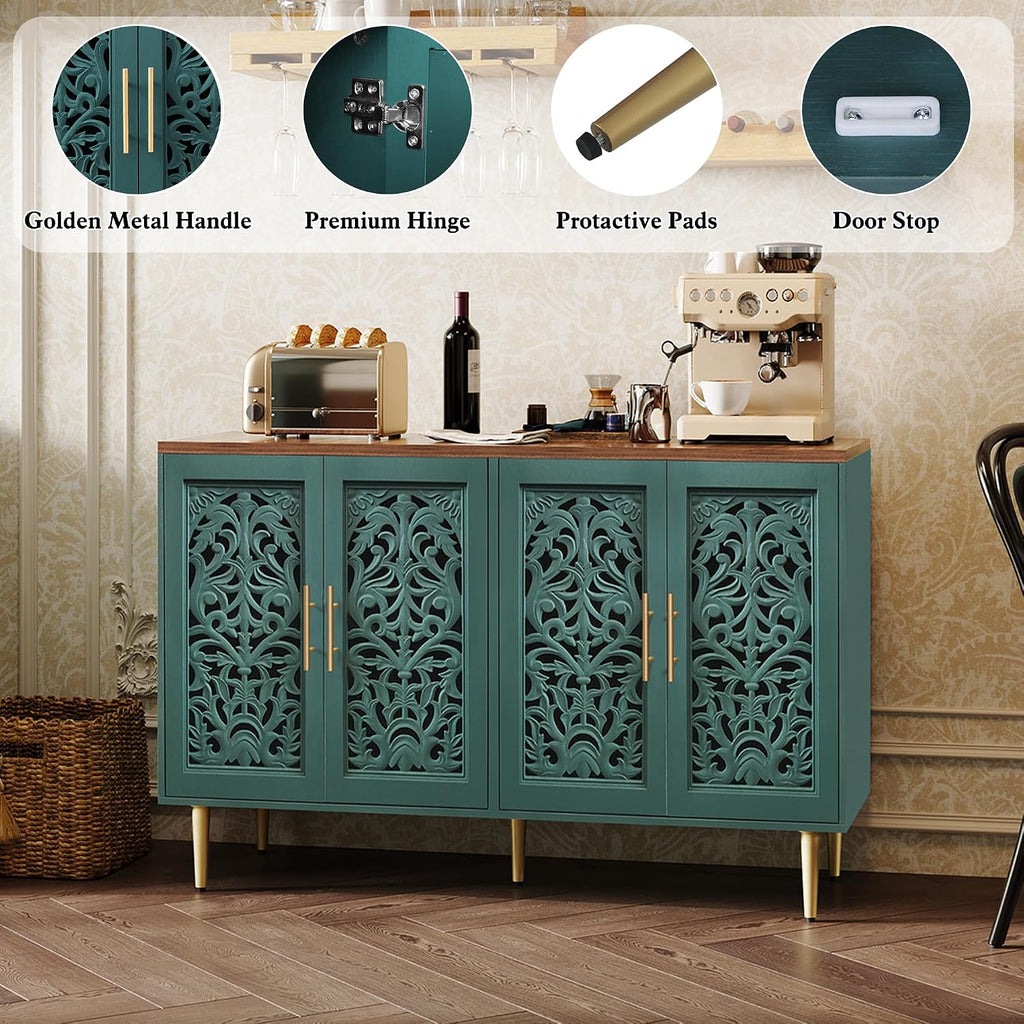 ARTPOWER 47.8" Vintage Accent Cabinet with 4 Hollow Carving Doors, Green