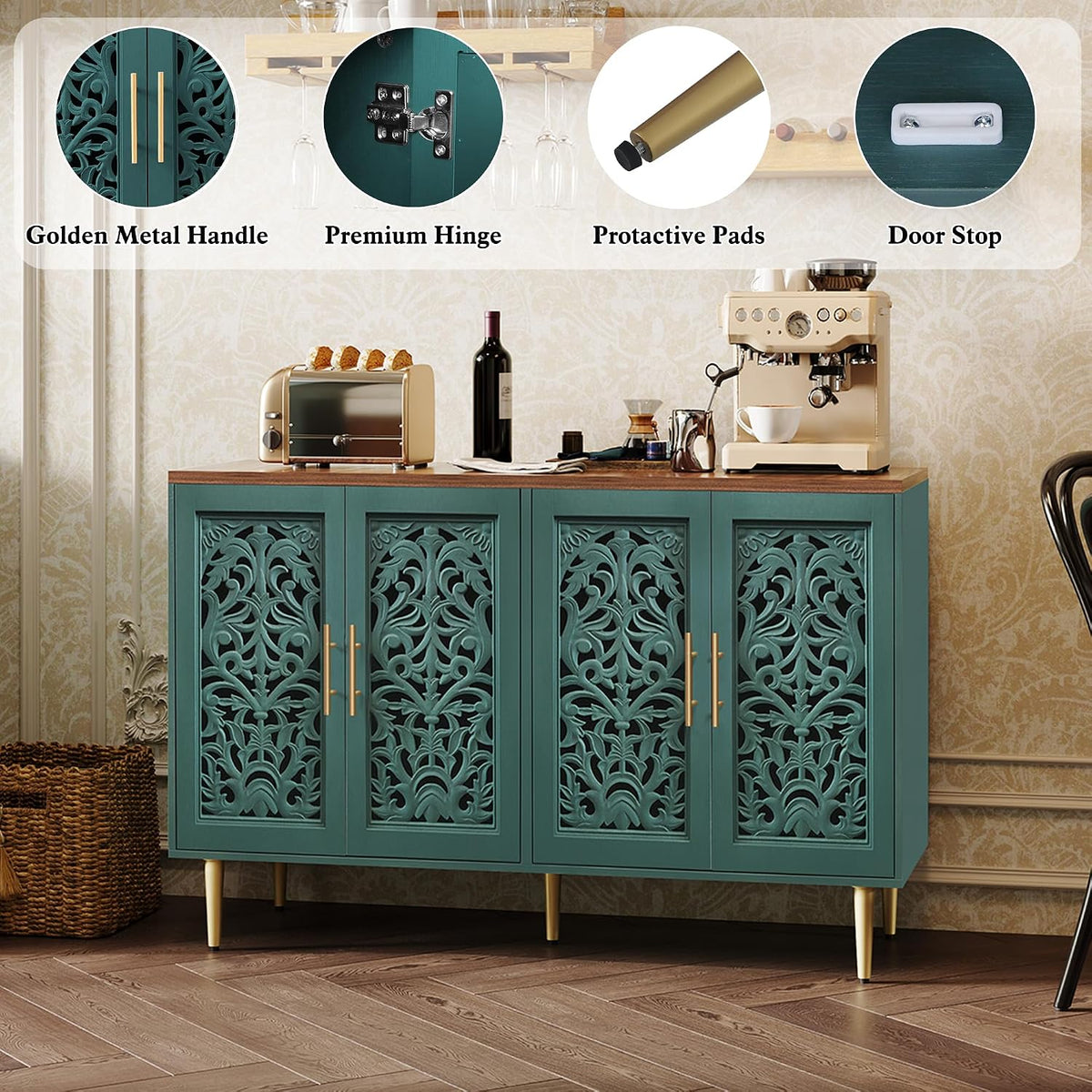 ARTPOWER 47.8" Vintage Accent Cabinet with 4 Hollow Carving Doors, Green
