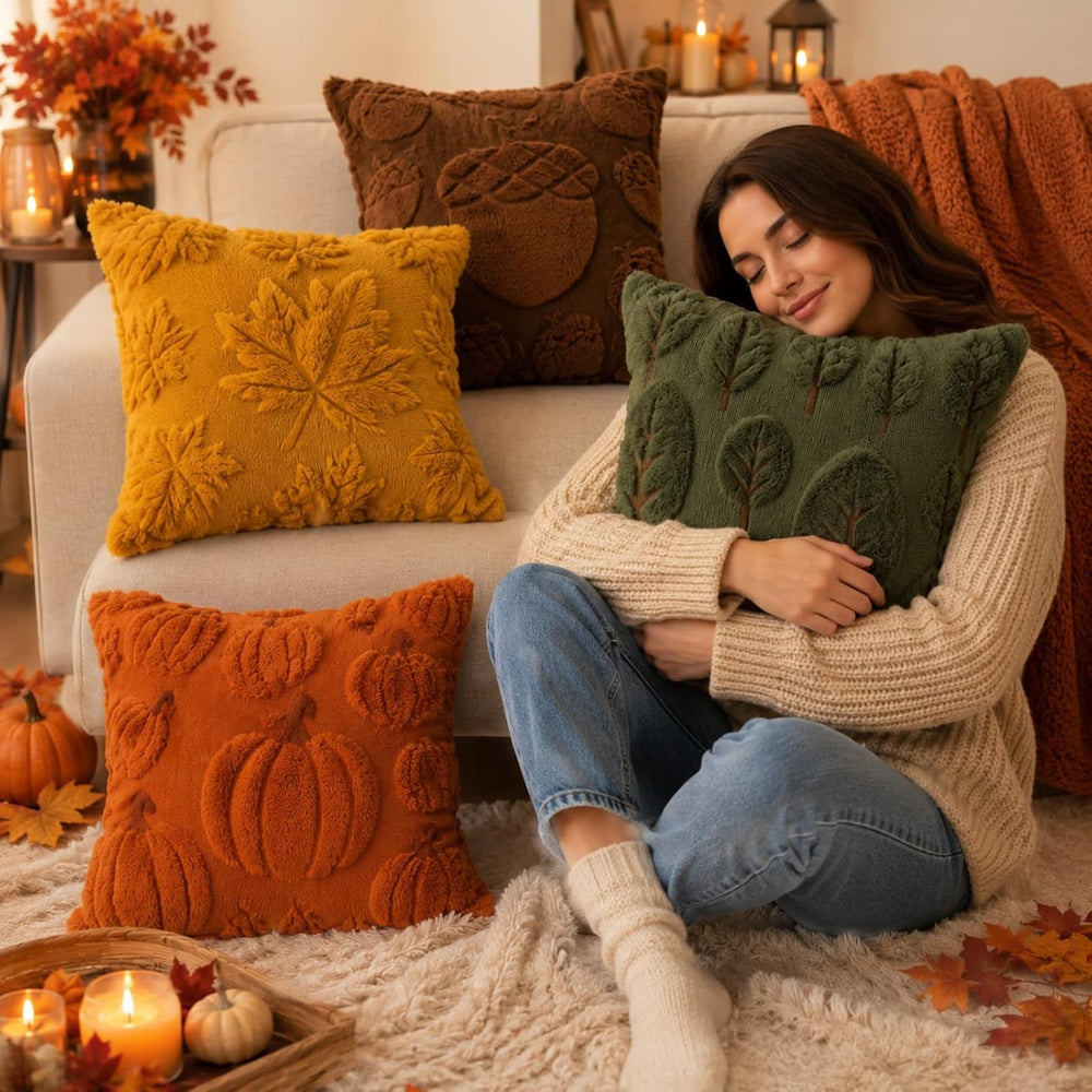 Tiamon 4 Pcs Fall Throw Pillow Covers 18 x 18 Inch Embroidered Pillow Cases