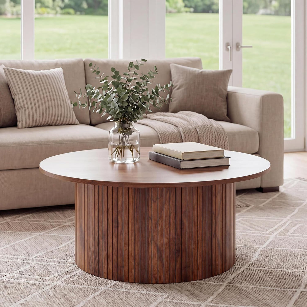 Garvee 31.5" Round Coffee Table, Small Coffee Table with Fluted, Walnut