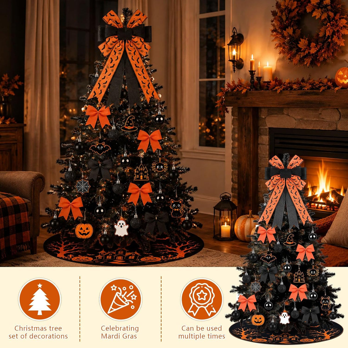 39 Pcs Halloween Tree Decorations with Ornaments Tags Bows and Tree Skirt