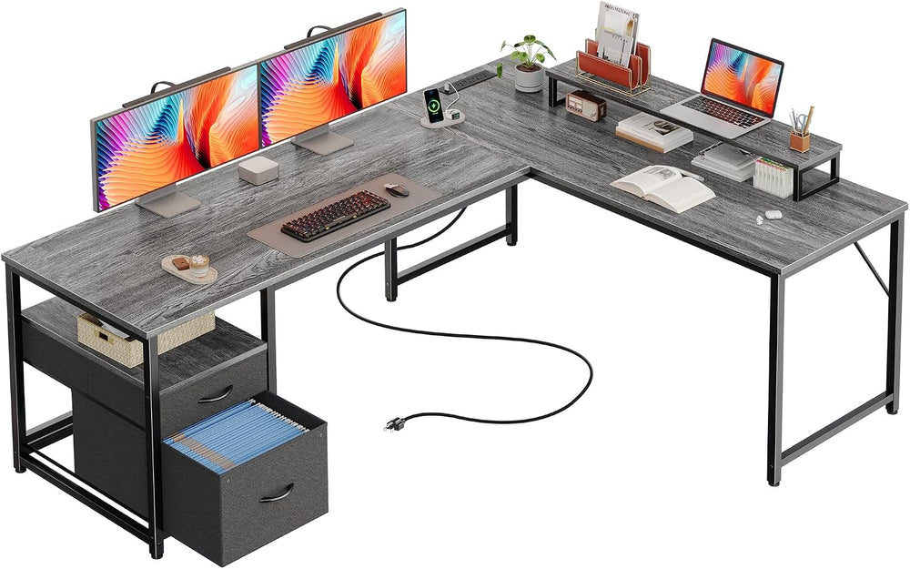 PRAISUN 63 Inch L Shaped Desk with Power Outlets and USB-C Port, Computer Cor...