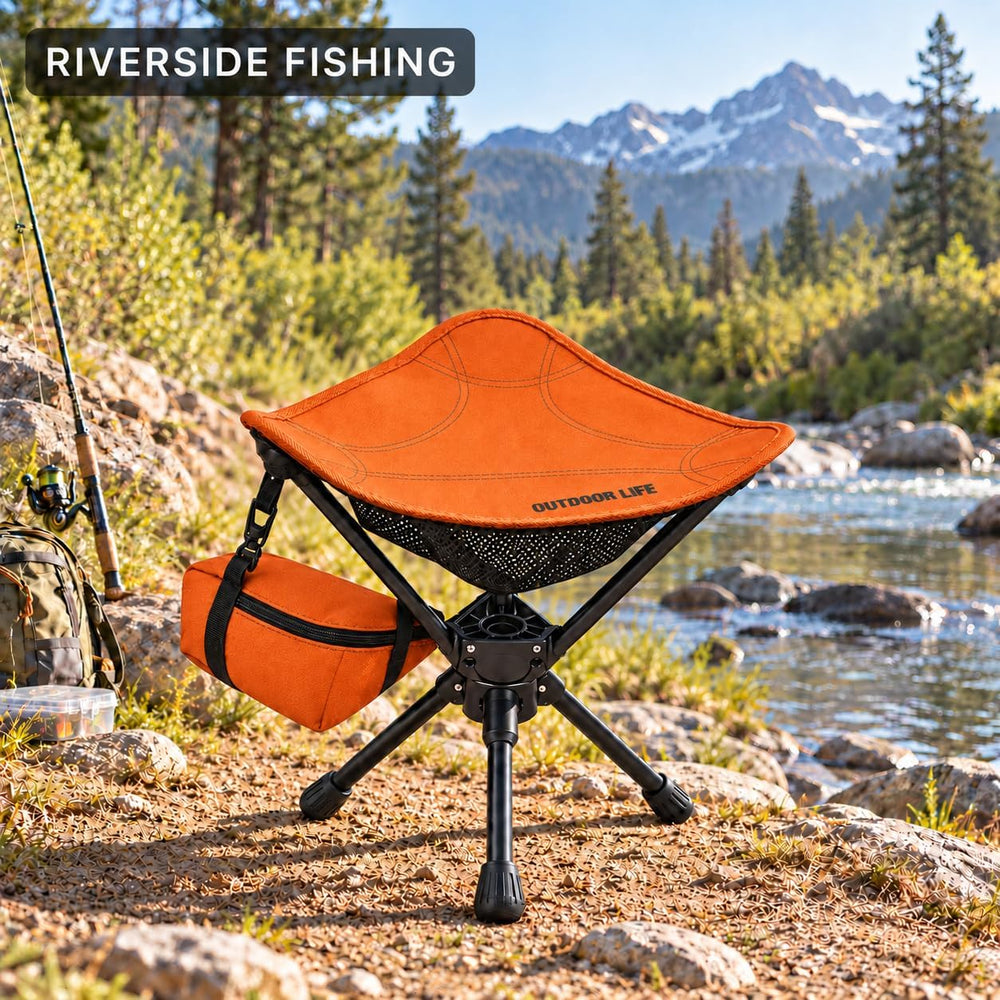 360° Swivel Camping Stool, 265 lb, 1.2 lb, 7075 Aluminum, Orange