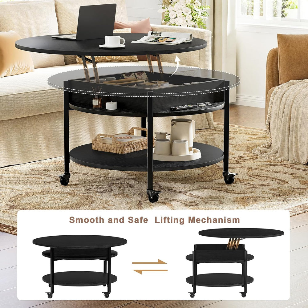 FABATO Small Round Lift Top Coffee Table with Wheels and Storage, Black