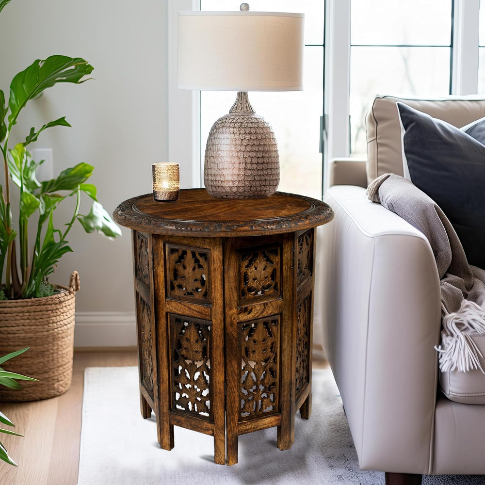 COTTON CRAFT Solid Wood End Table - Hand Carved Folding Accent Side Table