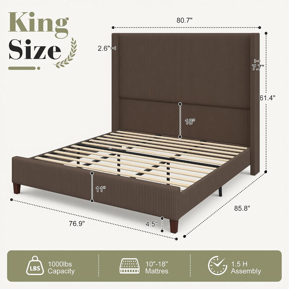 HOWE Upholstered King Size Bed Frame with 61" Wingback Headboard, Chestnut