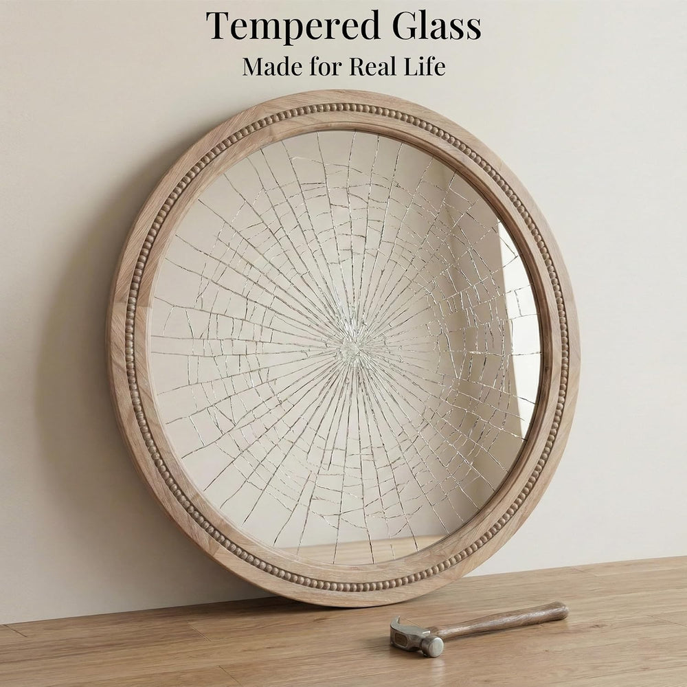 Solid Wood 36 Inch Round Beaded Wall Decor Mirror, Natural Wood