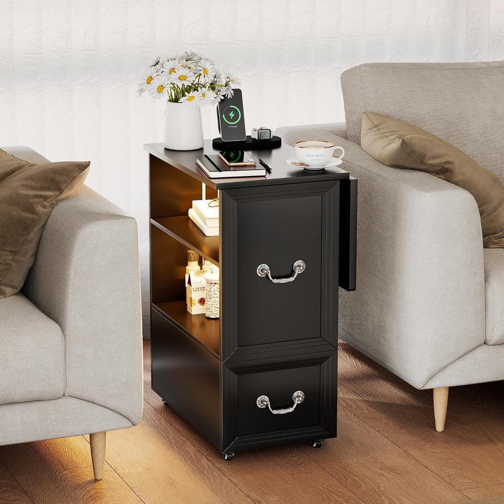 Lareth Rolling Side Table with Wheels, Led Lights & Charging Station
