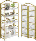 Gold Folding Bookshelf 5 Tiers, No Assembly,Vintage Storage Rack,White&Gold