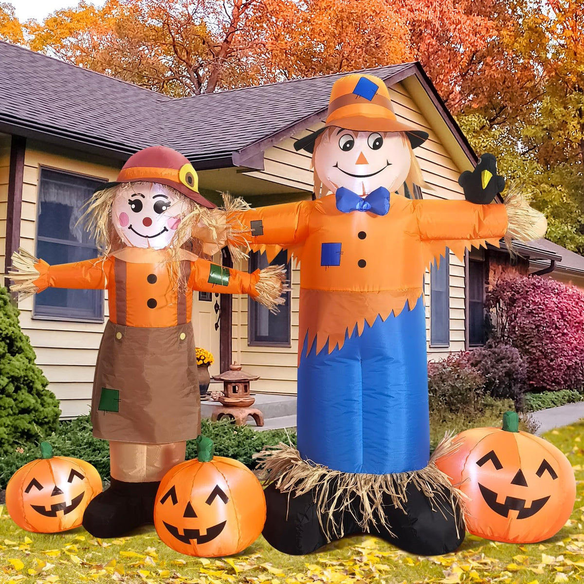 DomKom 6ft Long Inflatable Scarecrow and Pumpkin – Halloween Thanksgiving Fall Yard Decoration with Built-in LED Lights Outdoor Blow Up Decor for Lawn, Garden, Party
