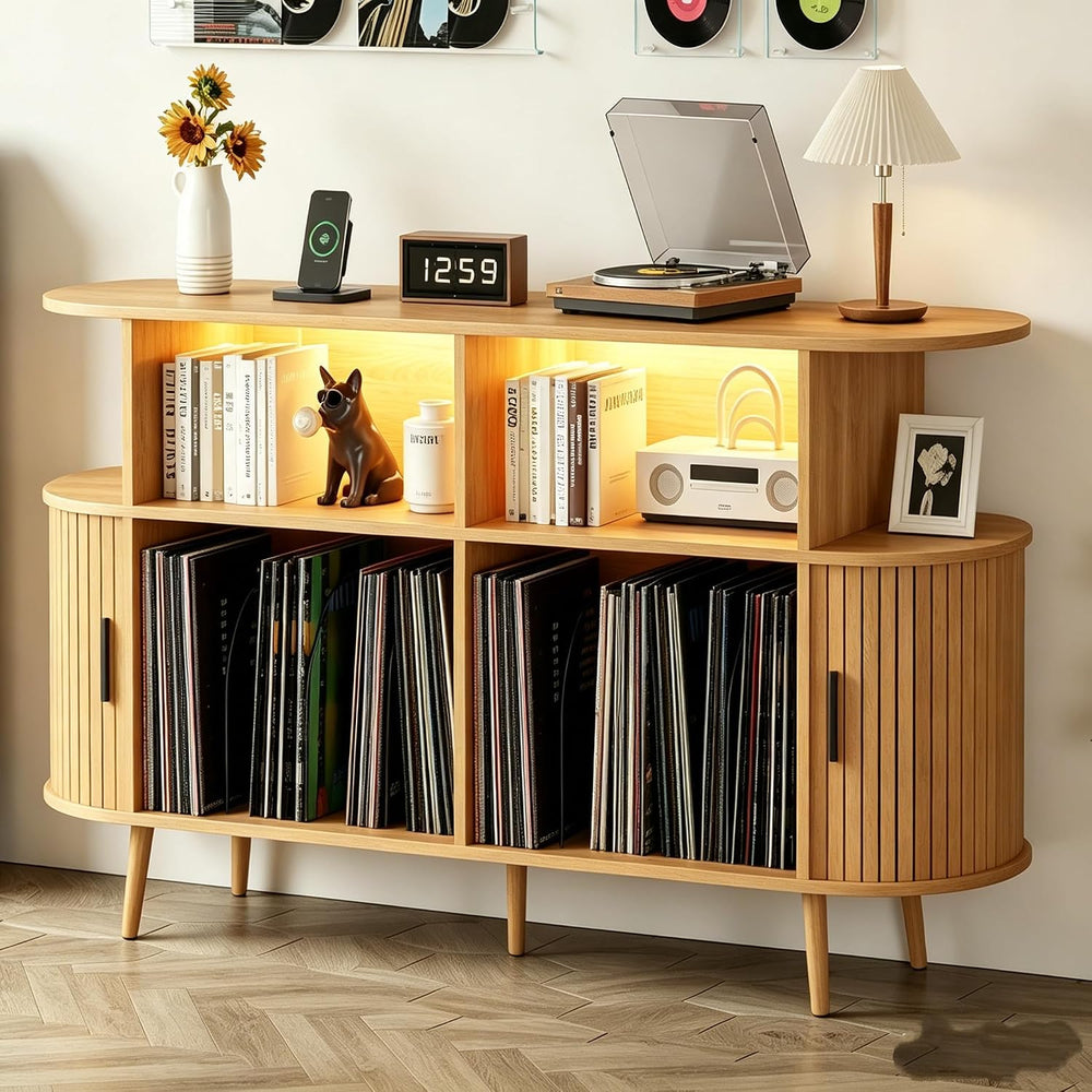 55.1" Large Record Player Stand with Charging Station,Natural