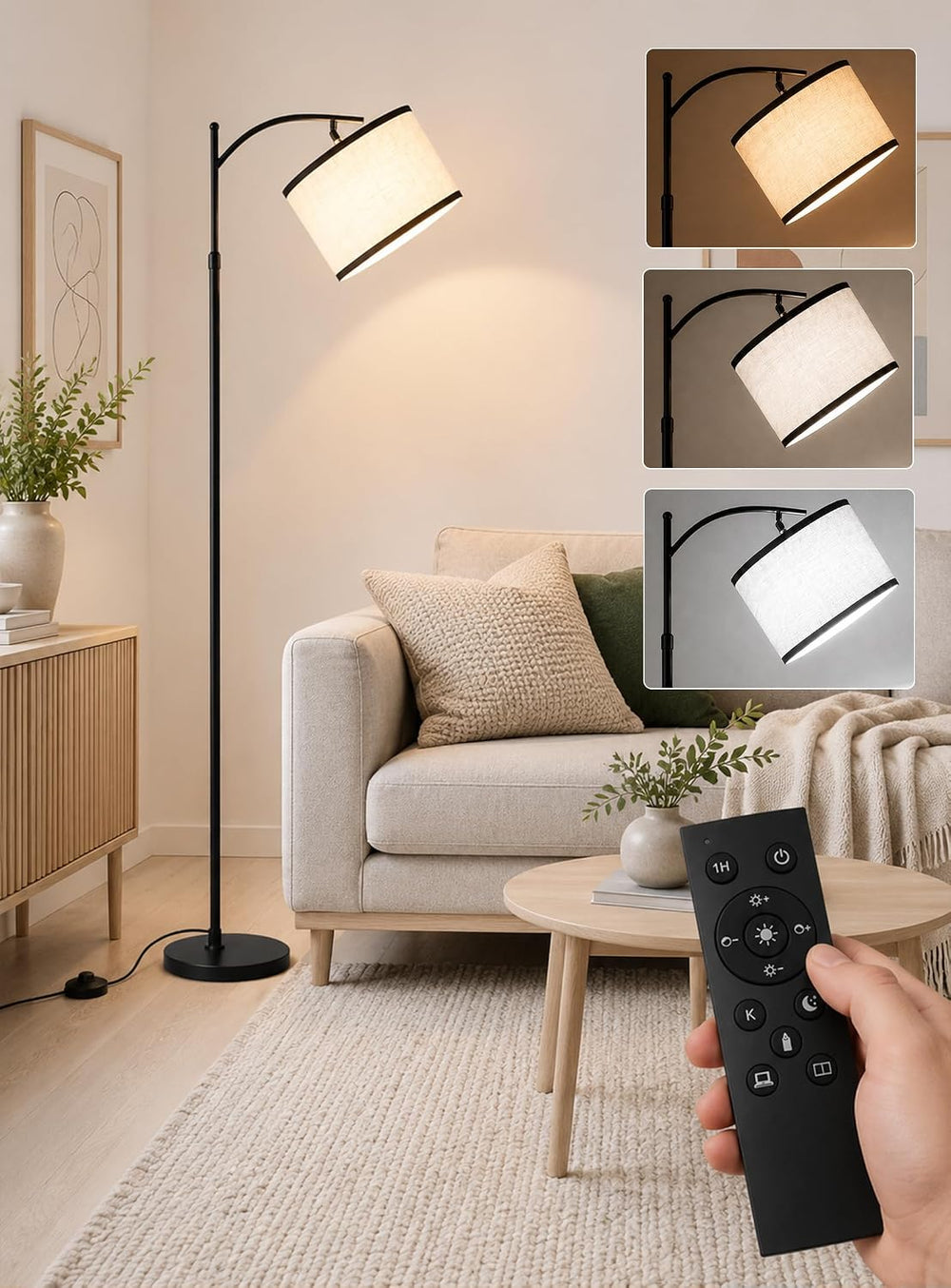 BySea Dimmable Arc Floor Lamp, Adjustable Over Couch Lamp, Remote Control