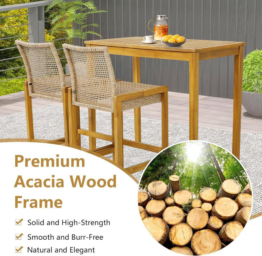 Tangkula Patio Wood Barstools Set of 2, PE Rattan Bar Height Chairs with Backrest, Stable Metal Frame, 400 lbs Max Load, Light Brown PE Wicker Bar Chairs for Porch, Backyard, Balcony (2)