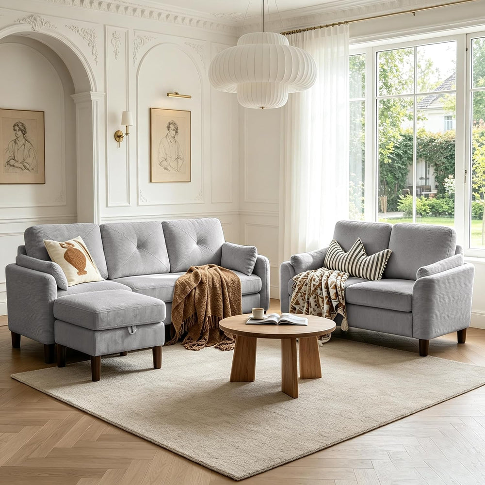 3 Piece Sectional Sofa Set , 3 Seat Couch & Loveseat & Ottoman, Light...