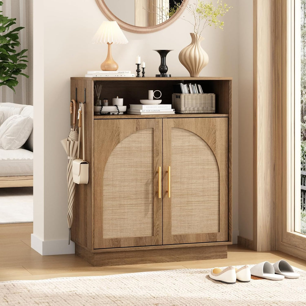HOKYHOKY Set of 2 Rattan Shoe Storage Cabinet with Arched Doors