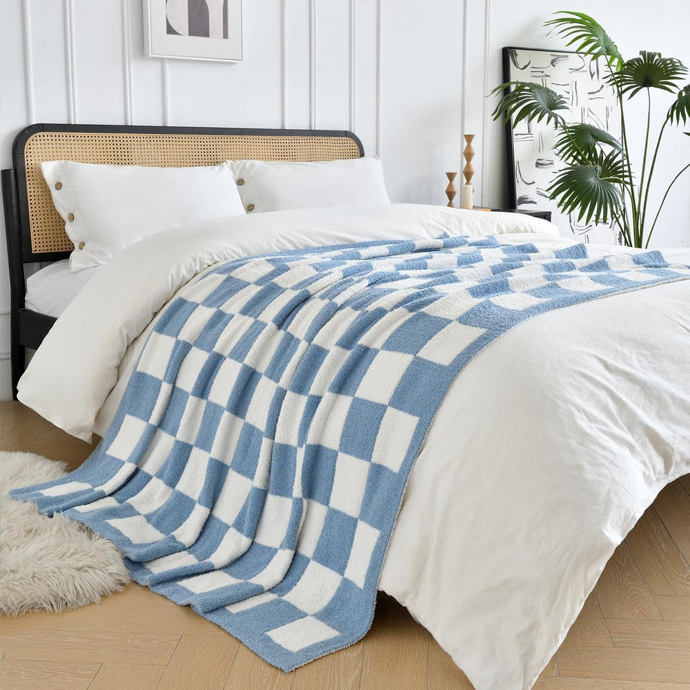 Checkered Throw Blanket for Couch Bed, Blue, Twin 60"x80"