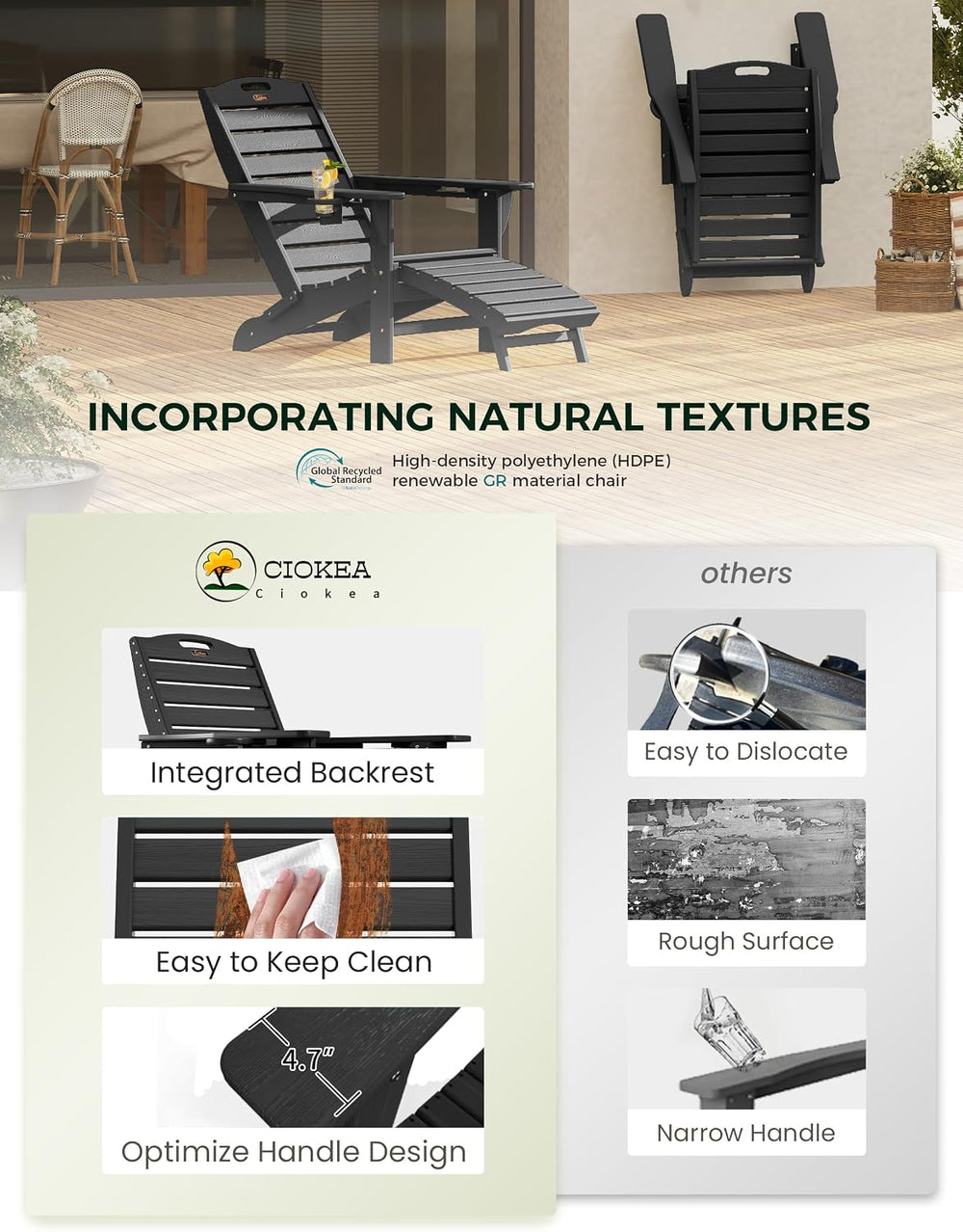 Ciokea HDPE Folding Adirondack Chair with Footrest,Black,6