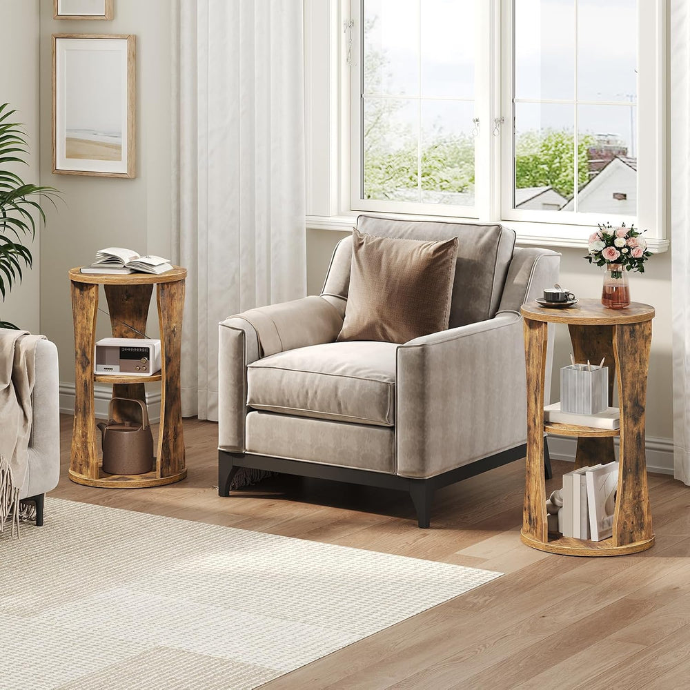 YATINEY Round Side Table Set of 2, 3-Tier Small End Table with Storage Shelve...
