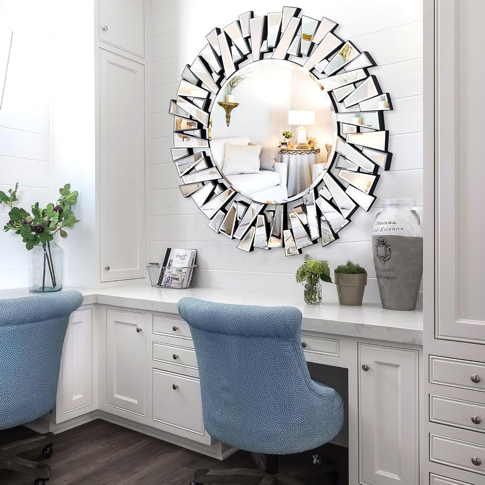 Round Mirror for Wall Decor, 36" Large Living Room Mirror with 3D Bevele...