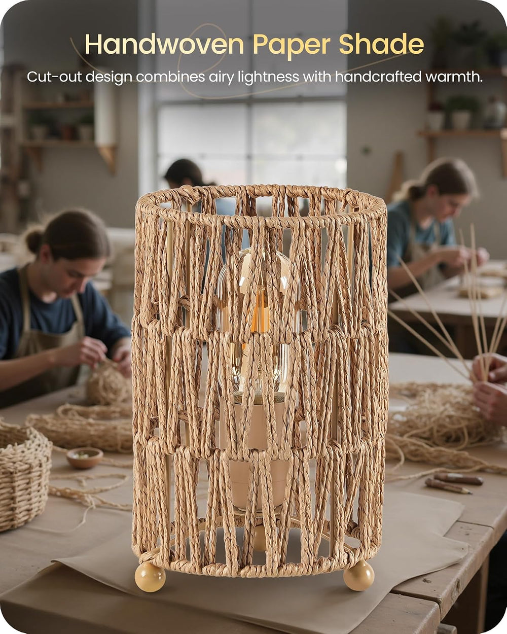 Boho Table Lamps Set of 2, Rattan-Style Small Bedside Lamps